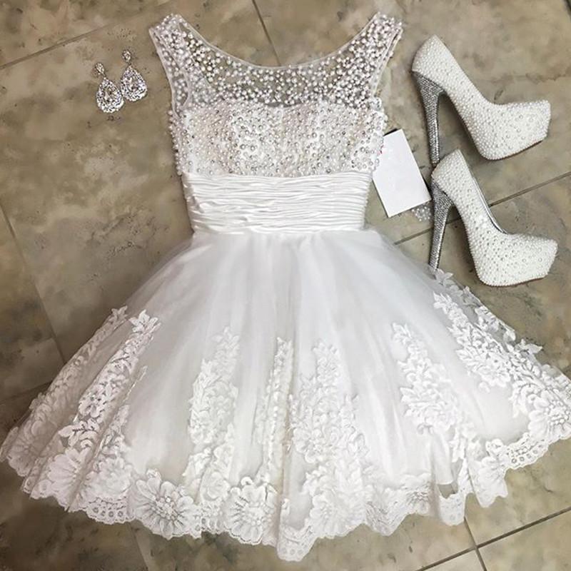 2018 White Pearls Lace Short Homecoming Dresses A Line Ruffle Mini Cocktail Gowns , Plus Size Wedding Guest Gowns , Women Little Girls Gowns