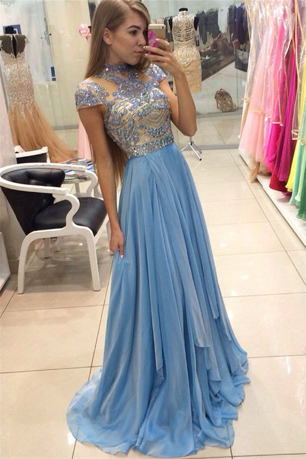 Delicate Beadings Chiffon A-line Prom Dress Cap Sleeve Party Evening Gowns 2018 Blue Beaded Chiffon Long Party Gowns, Blue Evening Dress,