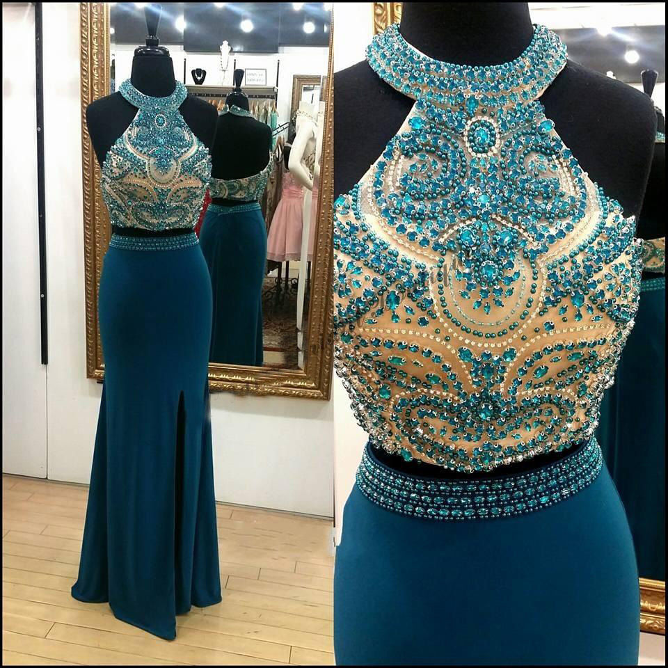 2018 Blue Beaded Halter Prom Dresses Sexy Split Long Prom Gowns Off Shoulder Evening Dress, Formal Evening Gowns , Wedding Party Dresss