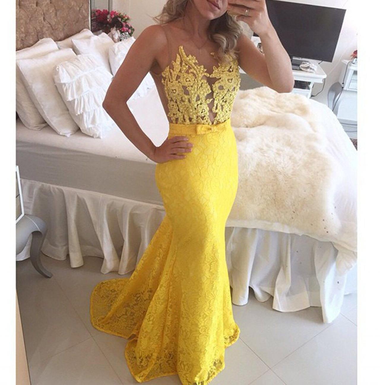 Yellow Lace Mermaid Prom Dresses 2018 Plus Size Crew Neck Sheer Long Prom Gowns Off Shoulder Wedding Party Gowns .women Pageant Gowns