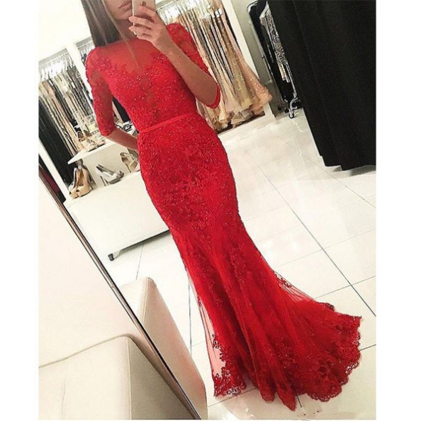 Plus Size Red Lace Appliqued Mermaid Prom Dresses 2018 Sexy Back Open Long Evening Dress Half Sleeve Beaded Women Party Gowns , Plus Size Wedding