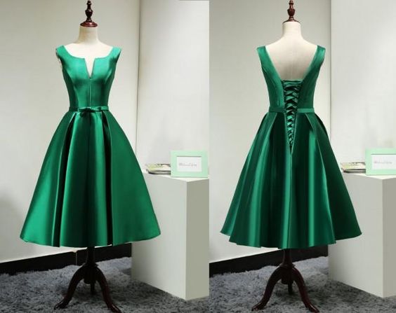 Modest Satin,deep V Neck, Emerald Green ,bridesmaid Dress, Short Custom/elegant Tea Length, Prom Dress Green/wedding ,party Dress/homecoming