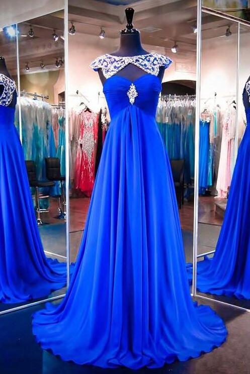 Royal Blue Prom Dresses, Long Formal Dresses, Scoop Neck Party Gowns, Chiffon Evening Dress, Modest Women Dresses,2018 Sexy Long Evening Dress,