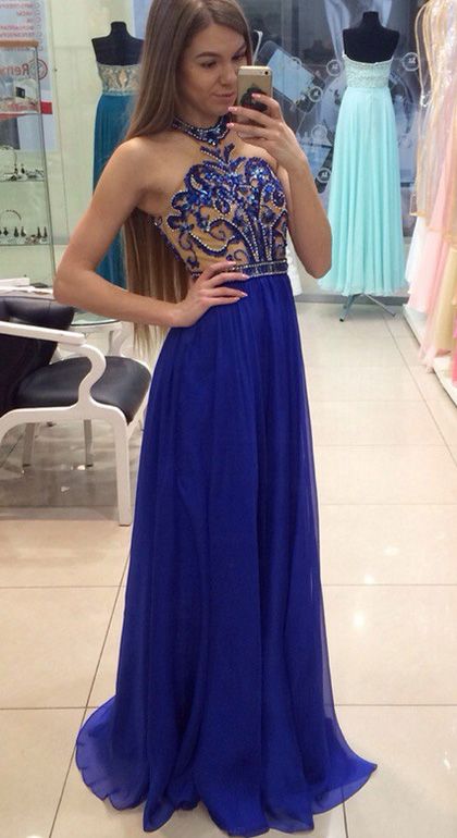 Outlet Sleeveless Royal Blue Prom Evening Dresses Great Long A-line/princess Sequin Backless Dresses,2018 Shiny Beaded Chiffon Long Prom