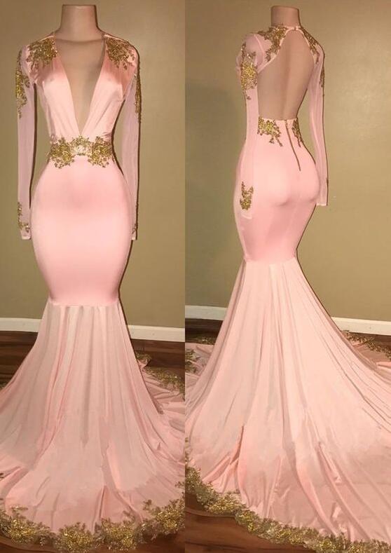 Gorgeous Prom Dress,Sexy Prom Dress,Lace Prom Dress,Long Sleeve V-Neck Prom Dress, 2018 Mermaid With Gold Crystal,Sexy Back Open Long Evening Dresses,Gold Lace Wedding Party Gowns 