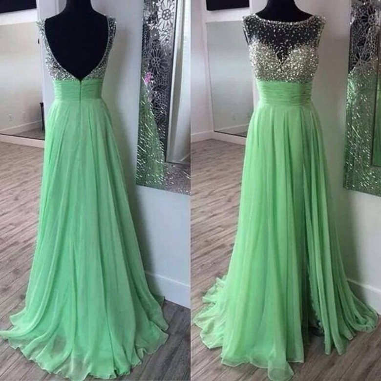 Boat Neck Sleeveless Chiffon Dress With Sashes A Line Floor Length Long Apple Green Prom Dress 2018 Formal Evening Dress, Wedding Party Gowns