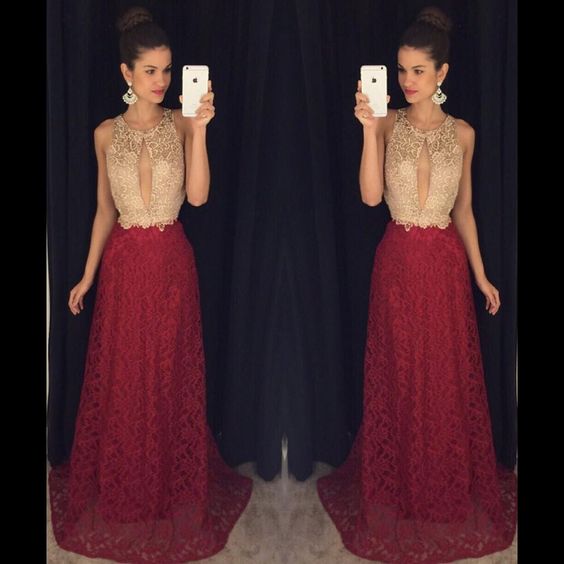 Burgundy Lace Prom Dresses Long A-line Evening Dresses Backless Formal Gowns Halter Party Dresses For Women,2018 Sexy Women Wedding Gowns ,custom