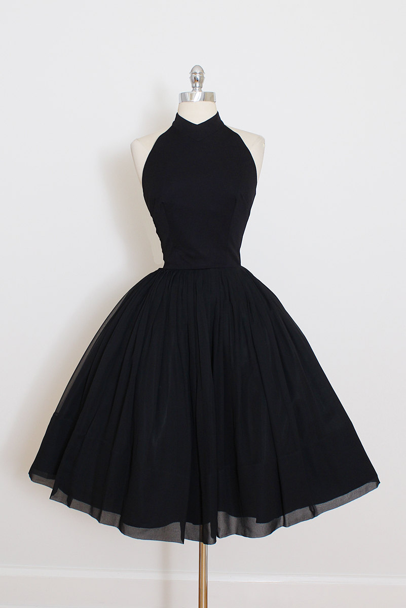 Vintage 50s Dress 1950s Vintage Dress Black Crepe Chiffon Halter Dress，2018 Sexy Backless Short Prom Gowns , Mini Homecoming Gowns , Plus Size
