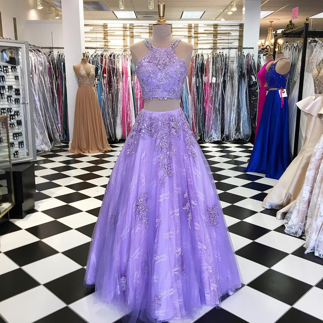 Plus Size Lavender Tulle Prom Dress 2018 Off Shoulder Two Pieces Women Gowns ,little Girls Gowns , Wedding Guest Gowns, Formal Party Gowns