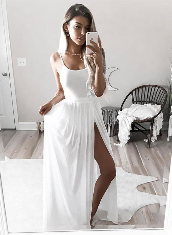 2018simple White Chiffon Long Prom Dresses Sexy Side Split Wedding Evening Dresses Spaghetti Straps Formal Evening Gowns ,plus Size Wedding Party