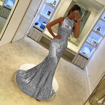 Silver Sequins Halter Long Mermaid Evening Gowns,plus Size Mermaid Evening Dresses, Off Shoulder Wedding Women Gowns , Girls Party Gowns , Summer