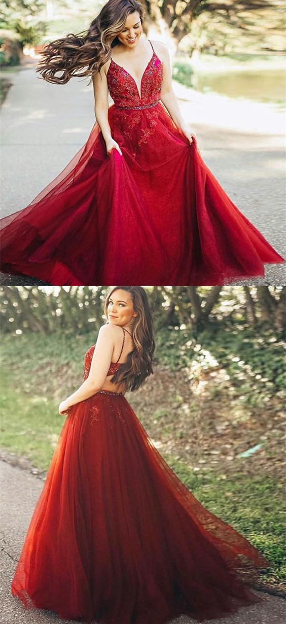 A-line Spaghetti Straps Dark Red Long Prom Dress With Appliques,2018 Plus Size Wedding Party Gowns , Girls Prom Gowns , Women Party Dresses,