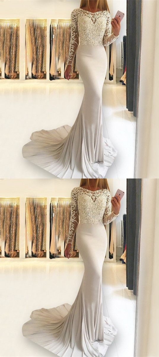 Mermaid Ivory Prom Evening Dresses With Long Sleeves Appliques, Fashion Formal Party Gowns For Special Occasion ,muslim Wedding Women Dresses,