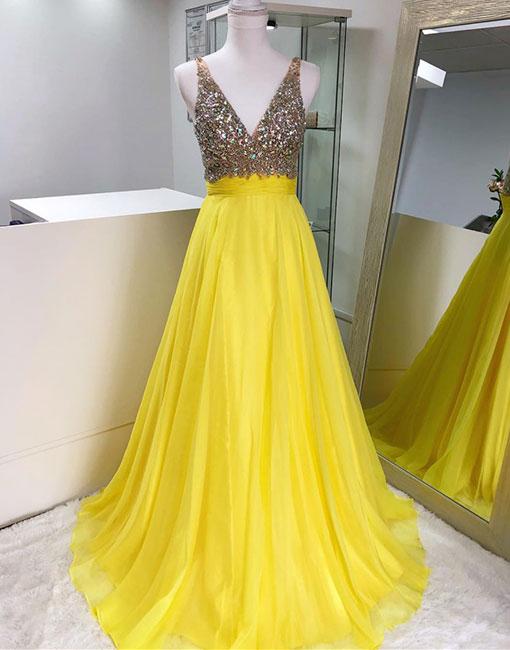 Luxury Beaded Crystal Long Evening Dresses 2018 Plus Size Yellow Chiffon Prom Dresses A Line Ruffle Formal Gowns ,wedding Party Gowns , Summer