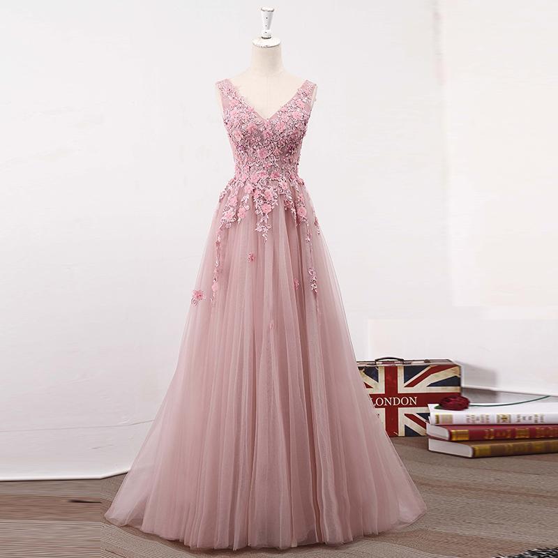 Elegant A-line V-neck Sleeveless Pink Tulle Long Prom Dress With Appliques, Plus Size Women Party Gowns ,custom Made Formal Gowns , Little Girls