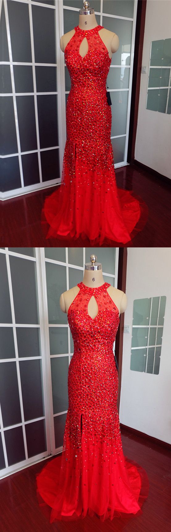 Luxurious Red Crystal Beaded Mermaid Hater Prom Dresses Long Tulle Leg Split Evening Gowns, Custom Made Women Party Dresses, Wedding Guest Gowns