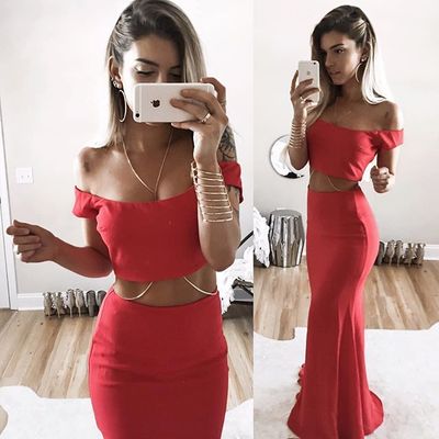 Sexy Prom Dress,red Prom Dress,2 Pieces Mermaid Prom Dress , Simple Evening Dresses,wedding Guest Gowns , Plus Size Women Party Gowns