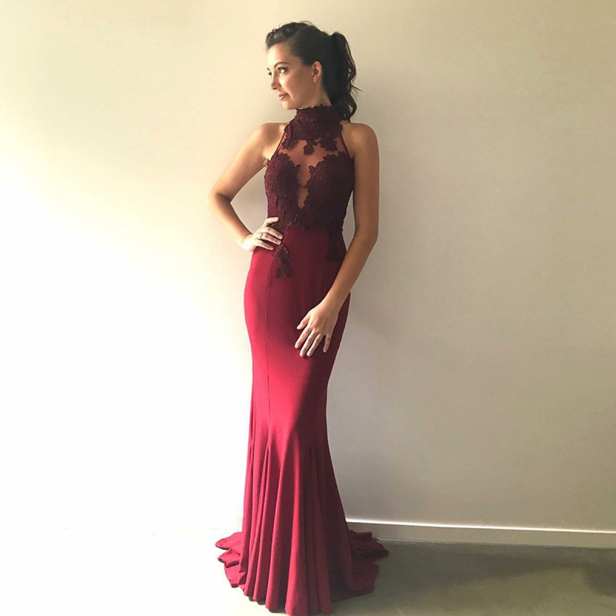 Mermaid High Neck Sweep Train Burgundy Stretch Satin Prom Dress With Lace ,2018 Sexy Backless Forrmal Evening Dresses , Custom Made Mermaid Prom