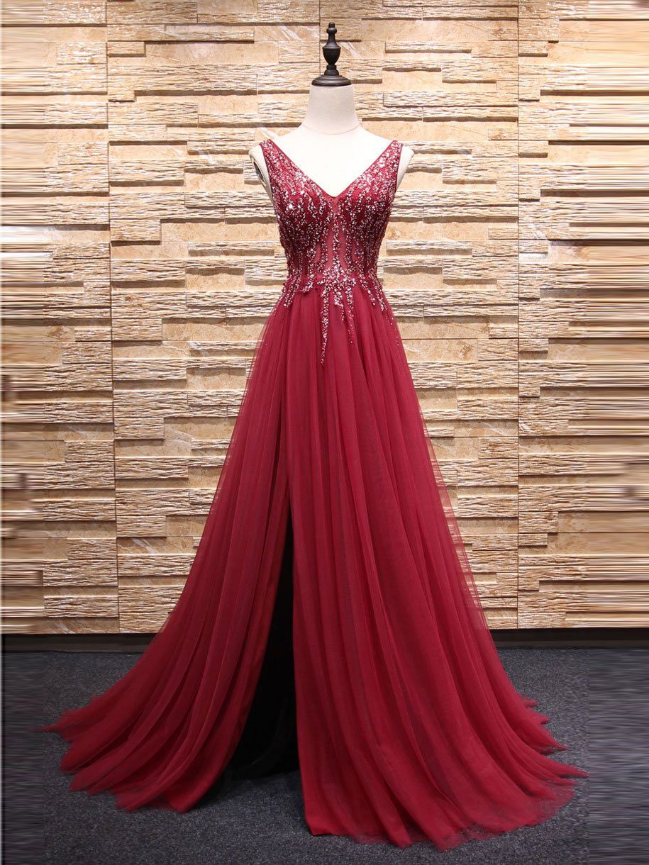 2018 Plus Size Red Long Evening Dresses Crystal Beaded Formal Women Party Gowns , Shiny Beaded Long Evening Dress, Elegant Party Gowns , Wedding