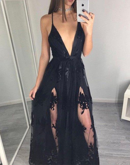 2018 Sexy Prom Dress,black V Neck Prom Dresses,sleeveless Chiffon And Lace Prom Dresses, Black Chiffon Evening Dresses, Long Party Gowns , Off