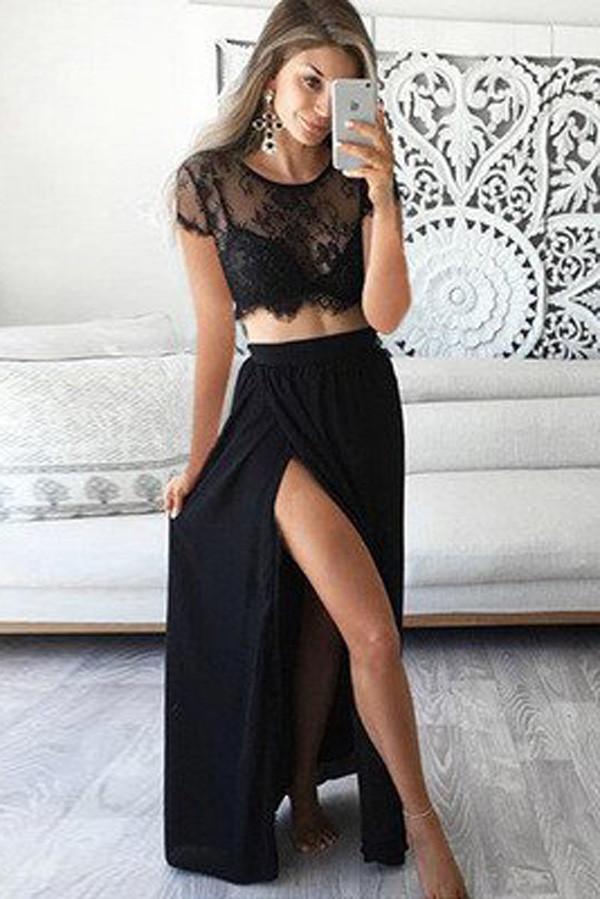 Two Pieces Short Prom Dresses, Sleeve Sexy Side Slit Black Lace Long Prom Gowns,2018 Black Chiffon Prom Gowns , Black Lace Evening Gowns , 2