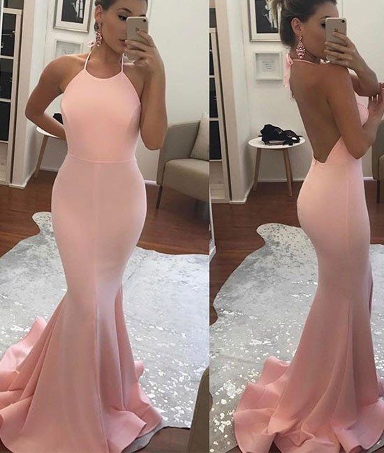 Pink Tie-halter Floor Length Mermaid Prom Dress Featuring Ruffled Hem And Open Back