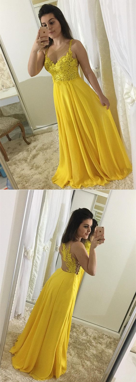 Elegant Lace Appliques Nude Back Chiffon Evening Dress Floor Length Prom Gowns ,2018 Spaghetti Straps Yellow Formal Evening Dress. A Line Women