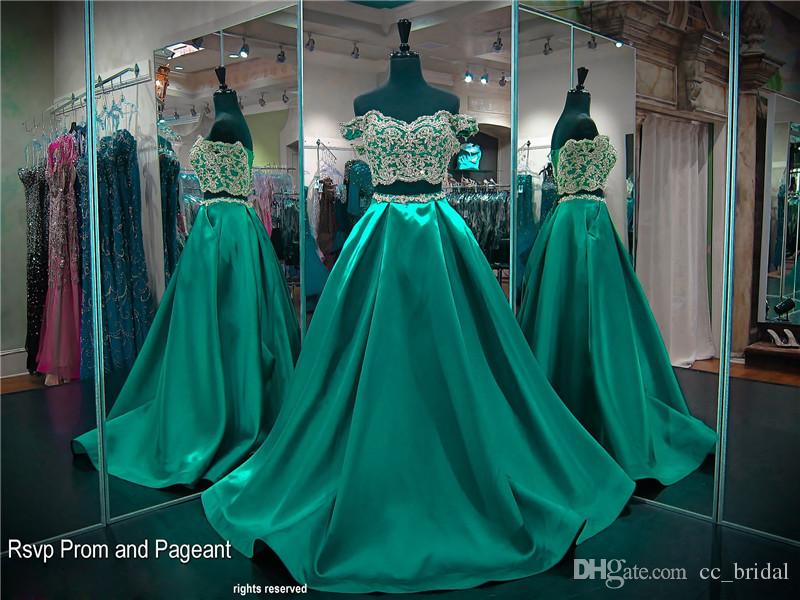 Two Pieces Prom Dresses 2018 Off The Shoulder Satin Long Backless Formal Party Dress Girls Plus Size Evening Gowns Custom Made，green 2