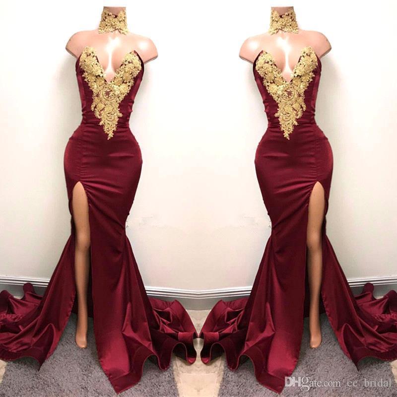 Gorgeous Sweetheart Mermaid Prom Dresses 2017 Sexy Side Slit Gold Appliqued Burgundy Party Gowns Backless Formal African Evening Dress，