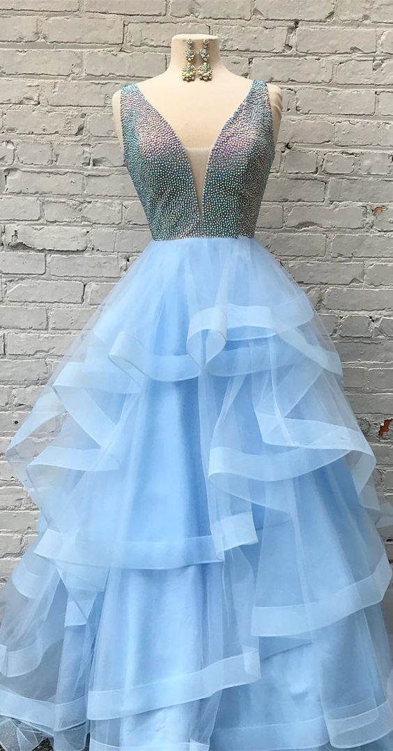 Light Blue V-neck Beaded Tulle Long Prom Dress, Elegant Ruffles Prom Dresses ，2018 A Line Women Party Gowns , Crystal Corset Evening