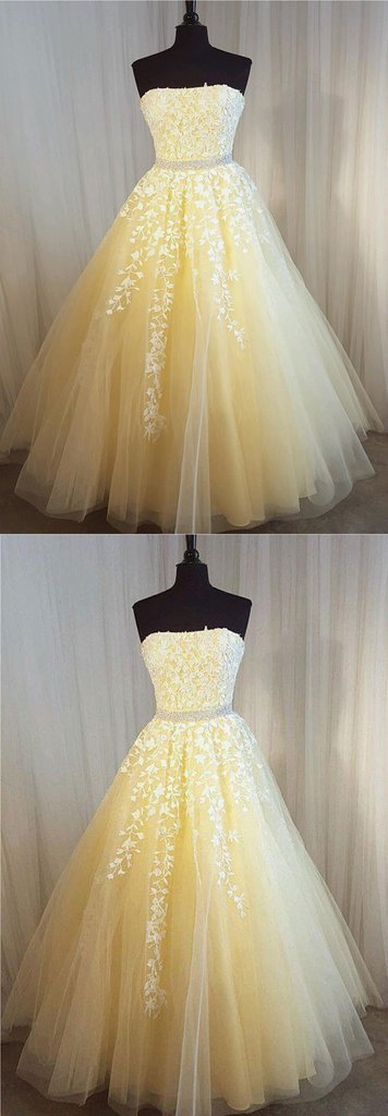 Spring Yellow Tulle Strapless Beaded Evening Dress With Lace Appliques 2018 Plus Size Girls Homecoming Dresses , Wedding Guest Gowns ,lace Prom