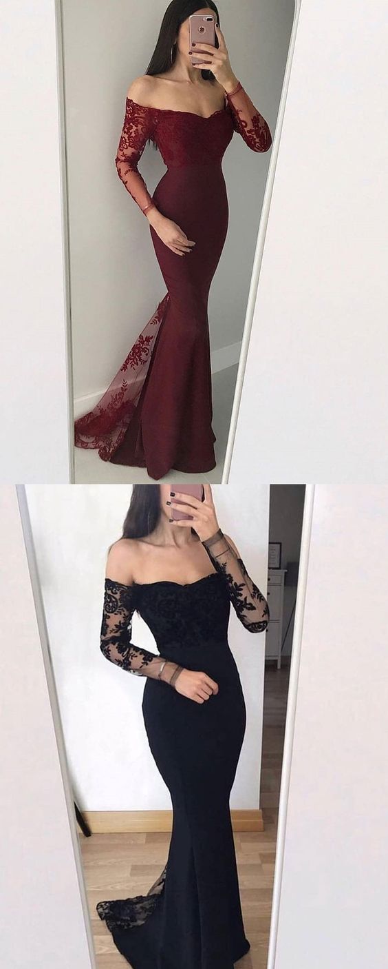 Modest Burgundy Mermaid Prom Dresses With Sleeves, Simple Off The Shoulder Black Evening Gowns, Unique Black Long Sleeves Party Dresses，2018