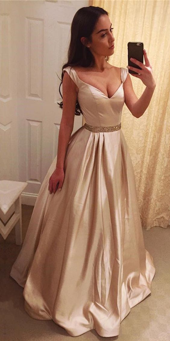 Exquisite Satin V-neck Neckline A-line Prom Dress With Beadings 2018 Plus Size Spghetti Straps Beaded Long Prom Gowns ,formal Evening Gowns