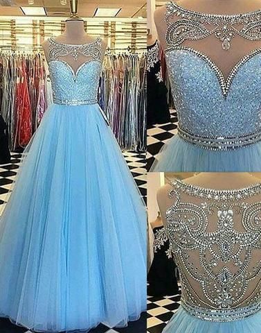 Blue Round Neck Tulle Long Prom Dresses, Blue Evening Dresses 2018 Sexy Scoop Beaded Long Prom Gowns ,wedding Party Gowns ,