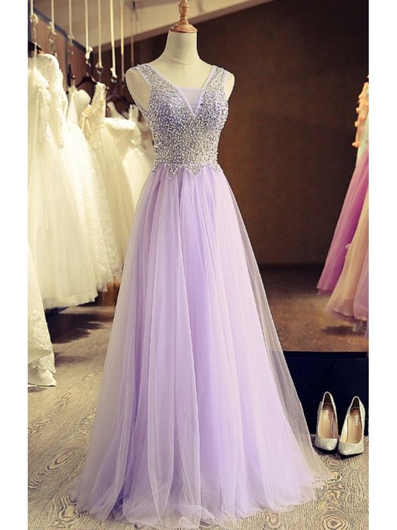 A-line Beaded Lilac Tulle Prom Dresses Party Evening Gowns 2018 Plus Size Beaded Prom Gowns ,formal Women Gowns , Wedding Party Dresses, Girls