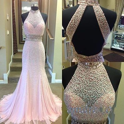 High Neck Halter Pearl Beaded Evening Dress,formal Dressn,evening Dresses,wedding Guest Prom Gowns,2018 Wedding Party Gowns ,women Pageant Gowns