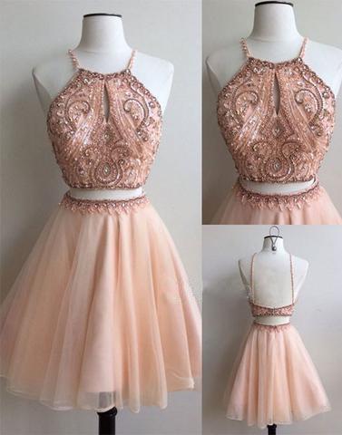 Two Pieces Short Beaded Short Homecoming Dress, Prom Dress For Girl,2018 Halter Beaded Cocktail Dresses, Plus Size Women Party Gowns ,a Line