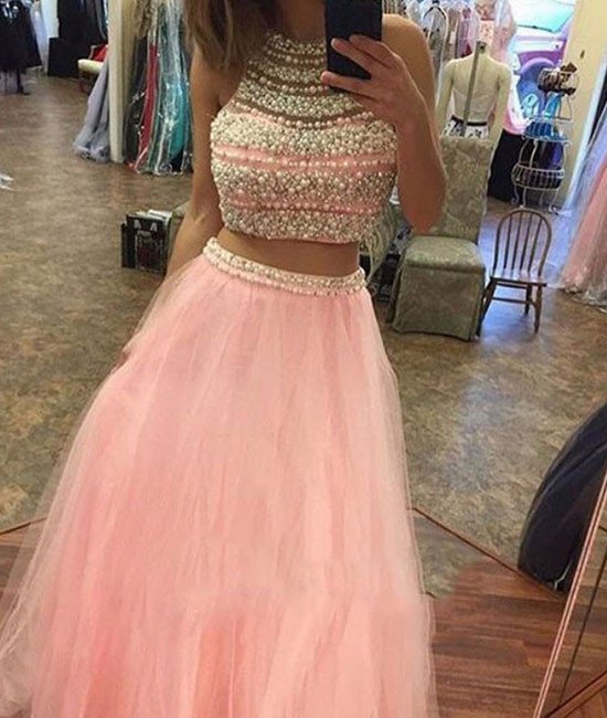 Pink Two Pieces Tulle Long Prom Dresses, Pink Evening Dress,off Shoulder Prom Dress, 2018 Two Pieces Cocktail Dresses, Wedding Party Gowns ,