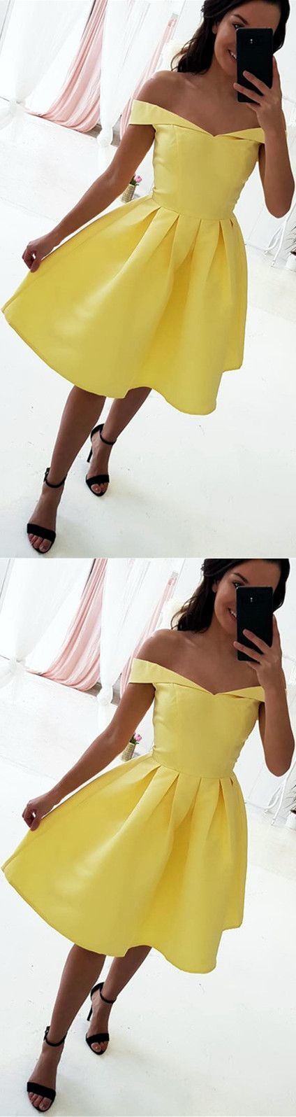 Yellow Satin V-neck Off Shoulder Prom Dresses Short Homecoming Dresses,yellow Cocktail Gowns , A Line Party Dresses, Custom Made Women Party