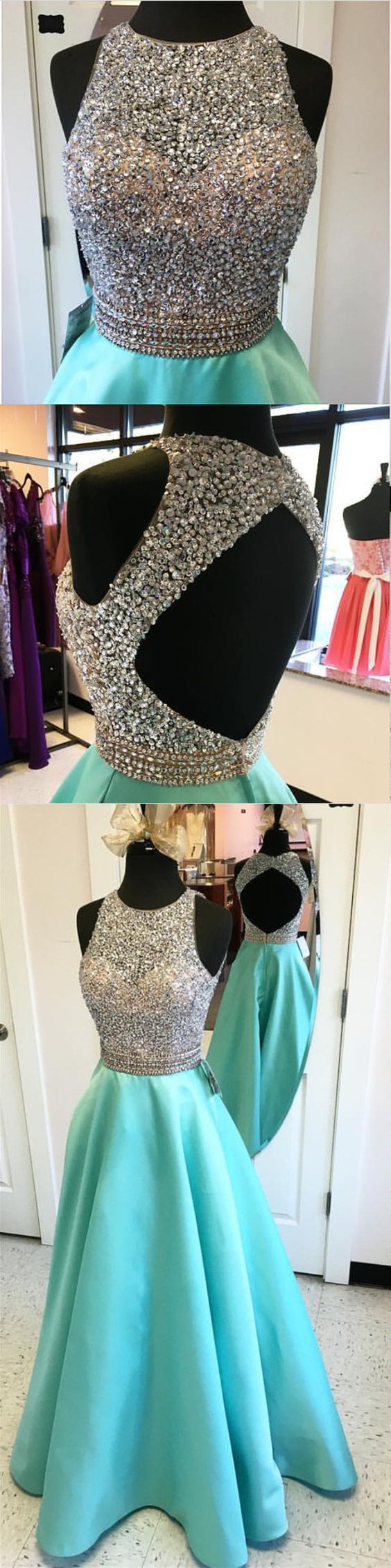 Jewelry Neck Long Prom Dress,satin Turquoise Prom Dresses,blue Prom Dresses,backless Evening Gowns,2018 Sesy Backless Formal Evening Dresses,