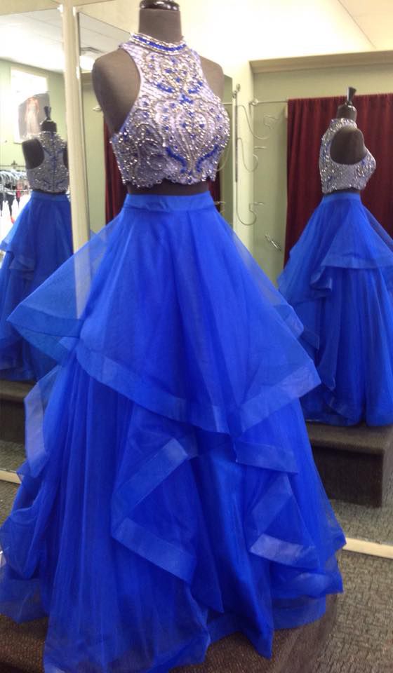 Tulle Royal Blue Prom Dress, Crystal Beading Prom Dresses, Long Homecoming Dress,2018 Luxury Beaded Crystal Prom Dresses. 2 Pieces Cocktail