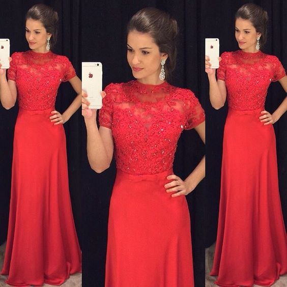 Gergeous Red Appliques Prom Dress, Short Sleeve Prom Dresses With Crystal, Long Evening Dress,2018 Short Sleeve Women Dresses, High Neck Wedding