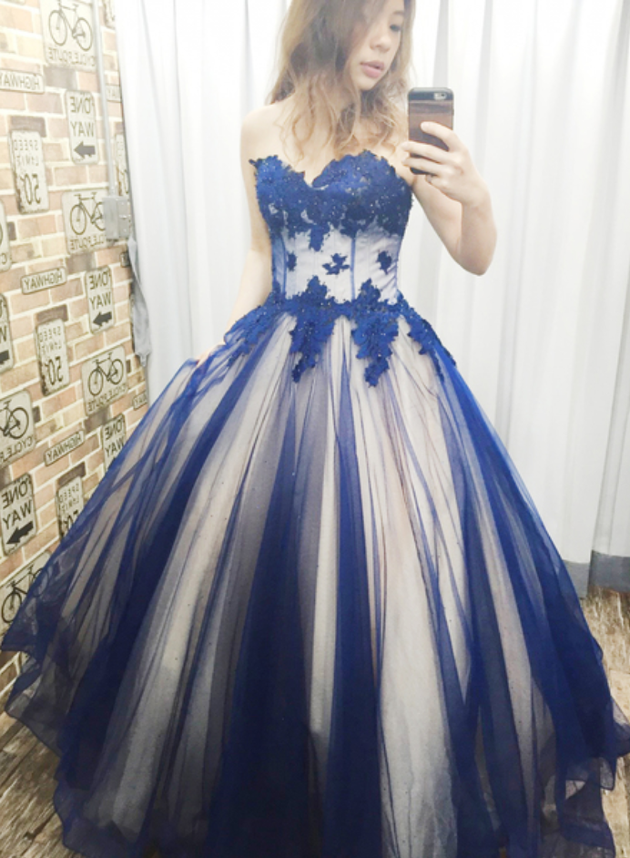 Charming Blue Appliques Prom Dress, Sweetheart Tulle Ball Gowns, Sleeveless Quinceanera Dressesplus Size Women Party Gowns ,lace Women Gowns