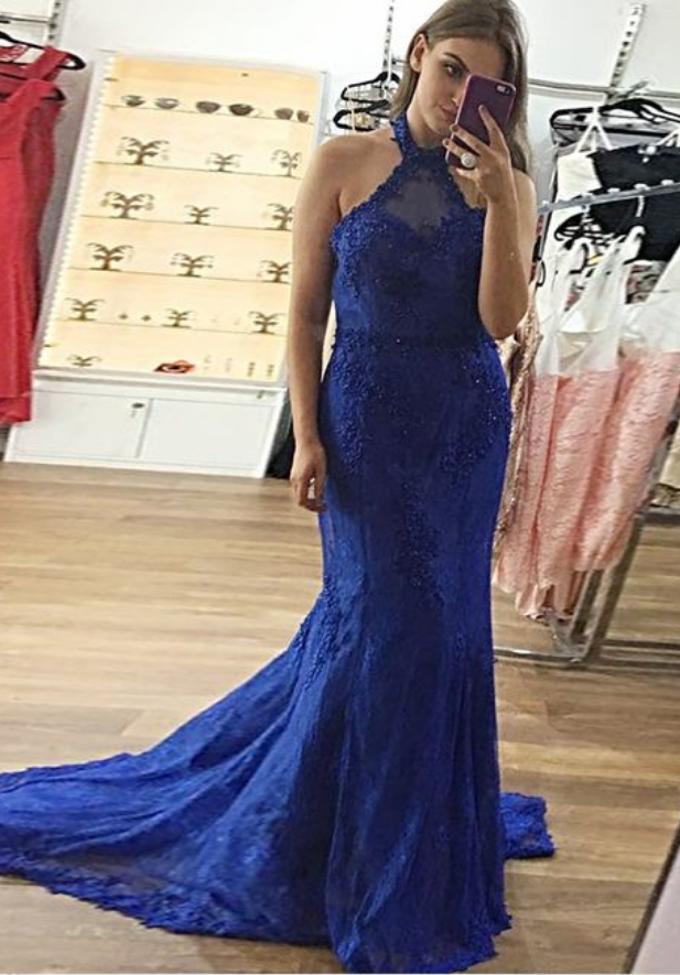 Mermaid Halter Backless Sweep Train Royal Blue Prom Dress With Appliques 2018 Blue Women Party Gowns ,high Neck Women Party Gowns ,wedding