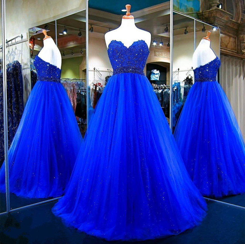 Long Prom Dress,tulle Ball Gowns,royal Blue Evening Dress,sweetheart Prom Gowns,2018 Royal Blue Beaded Long Prom Dresses, Wedding Party Gowns ,a