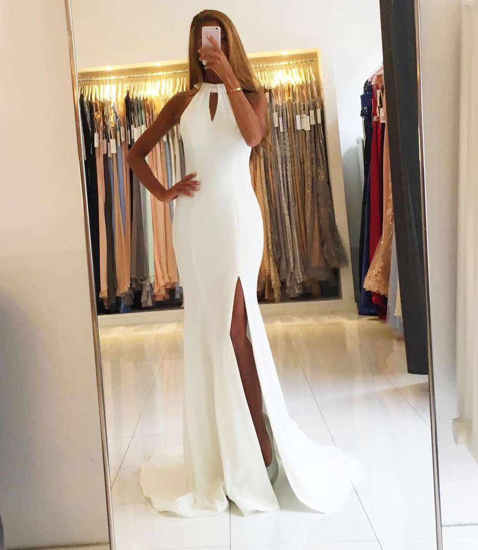 Backless White Chiffon Mermaid Evening Dresses Long Prom Gowns 2018，Plus Size Mermaid Prom Gowns ,Sexy Backless Women party Gowns ,Wedding Party Gowns 