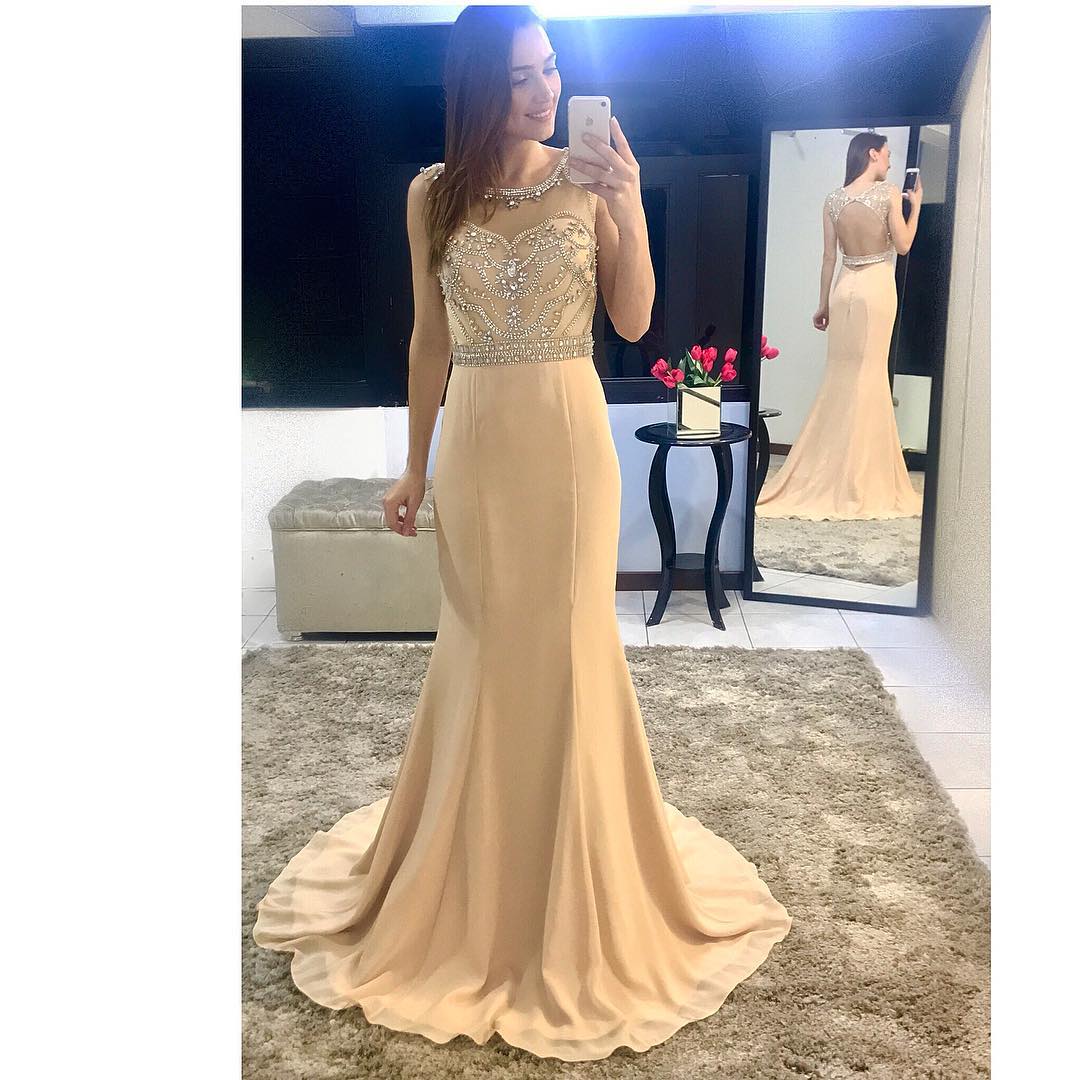 Beading Bodice Champagne Chiffon Mermaid Evening Dress Backless Prom Gowns,2018 Sexy Backless Long Prom Gowns ,wedding Party Gowns ,pageant Gowns