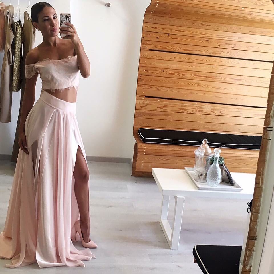 Lace Off Shoulder Two Piece Chiffon Prom Party Dresses Long With Slits，two Pieces Long Prom Dresses,wedding Women Gowns ,sexy Women Party