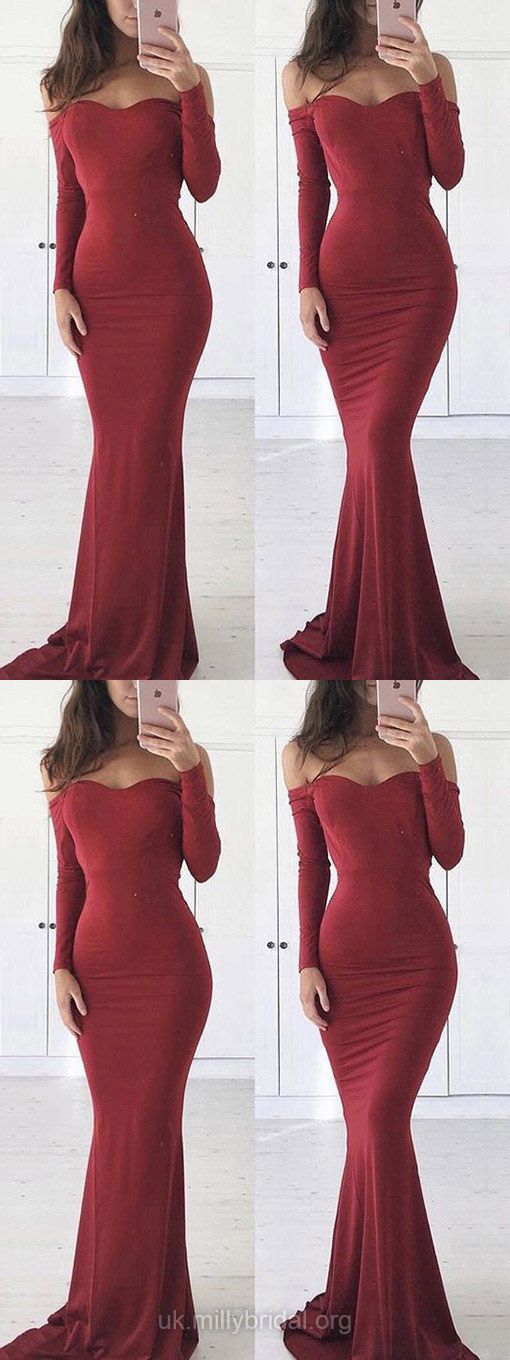 Burgundy Prom Dresses,long Prom Dresses Jersey, Off-the-shoulder Prom Dress,2018 Long Sleeve Long Evening Dresses,wedding Party Gowns ,off