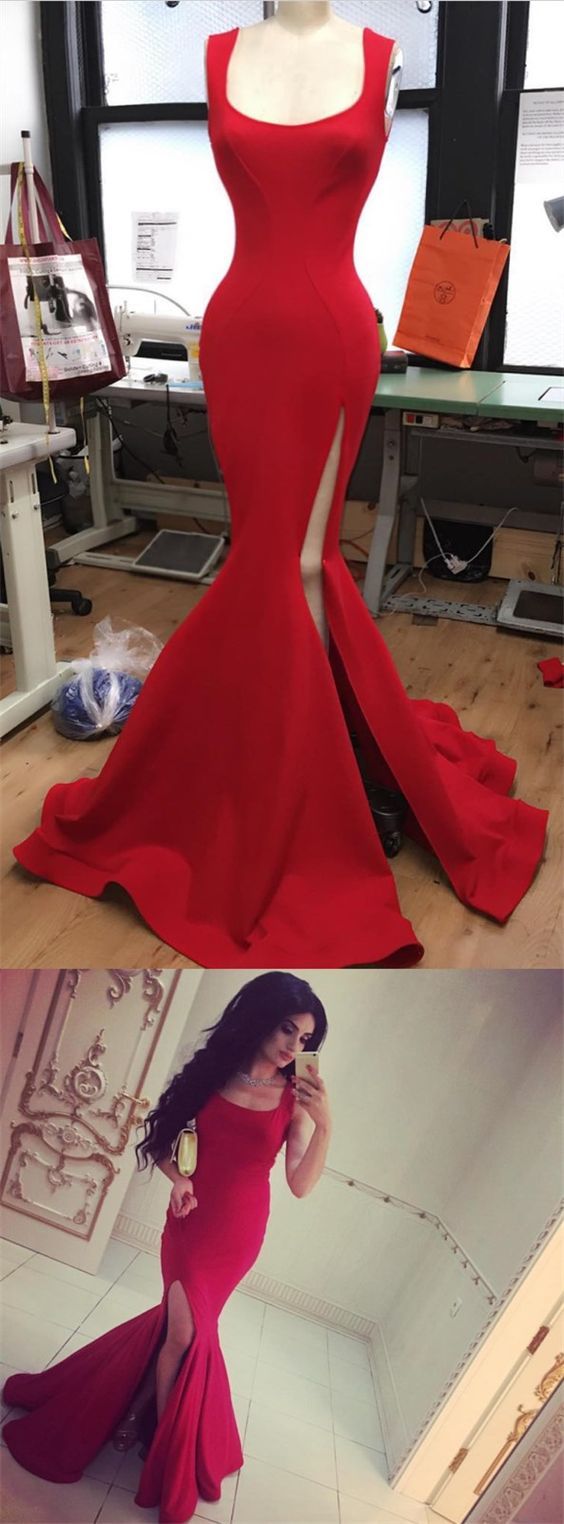 Long red prom dress,elegant formal dress,slit prom dress,red evening gowns,prom dress,Sexy Slit Mermaid Evening Dress, Red Wedding Party Gowns Plus Size Women Party Gowns .